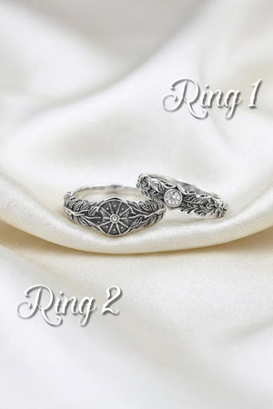 Antique Silver Wedding Ring Set, Vintage Style Sunburst Matching Bands, Nature Inspired Leaf Bridal Rings, Alternative Engagement __etsy:7928032196