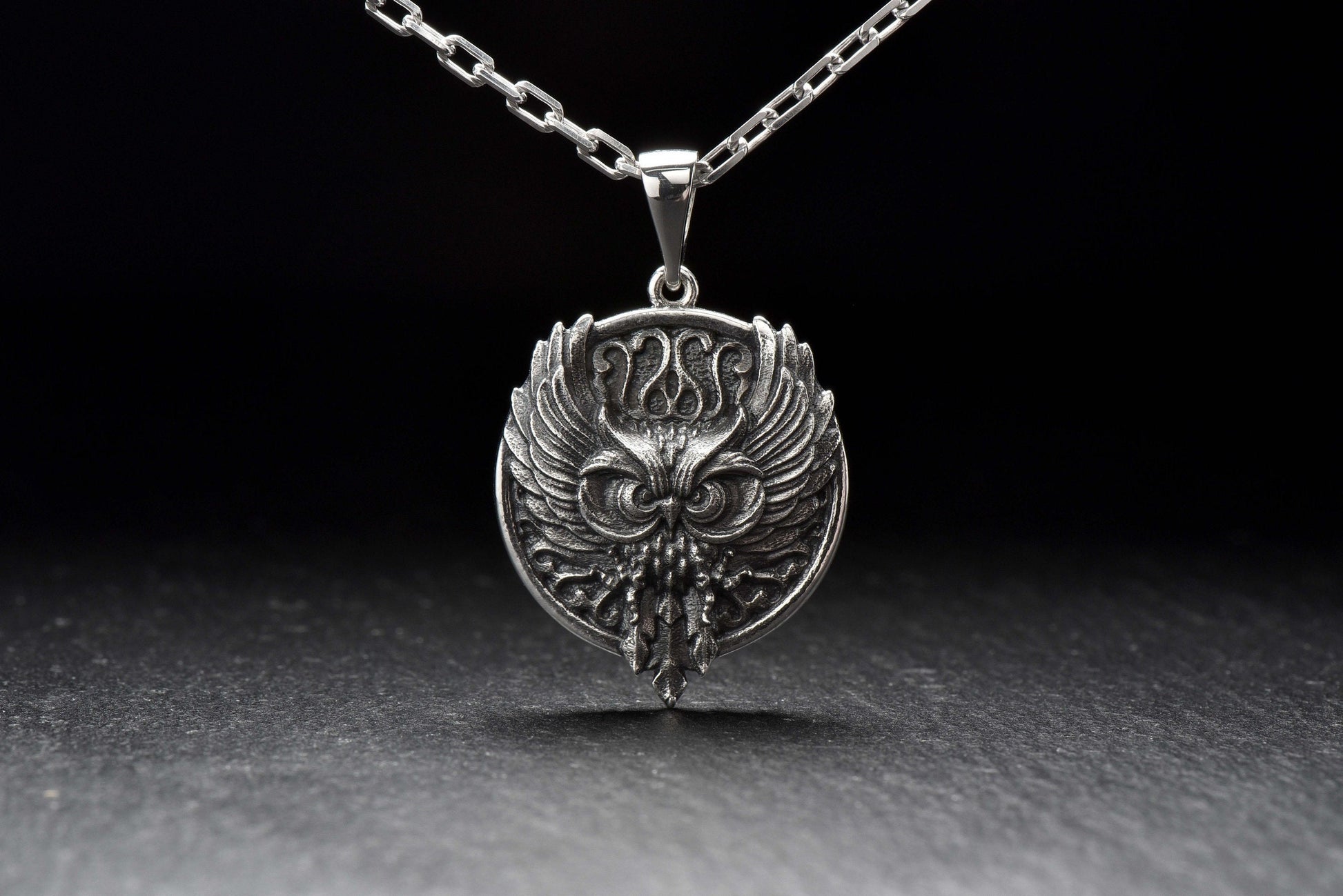 Oxidized Sterling Silver Owl Pendant: Gothic Bird Jewelry