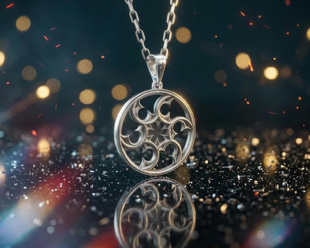 A detailed close-up of a circular sterling silver pendant resting on a dark blue, textured silk fabric. The pendant features an openwork design with swirling, crescent-like shapes radiating from a central four-pointed star. The intricate pattern resembles a gothic rose window or a celestial wheel. The raised metal surfaces are polished to a bright silver shine, contrasting beautifully against the dark, oxidized background recesses.