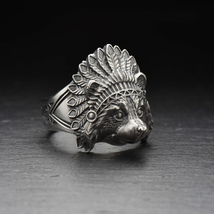 925 Sterling Silver Handmade Raccoon Ring, Chief Feather Headdress Statement Ring, Animal Lover Gift, Wildlife Jewelry, Unisex Silver Ring __etsy:4917957233
