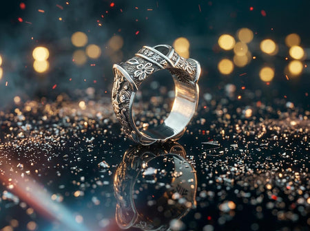 A close-up studio photograph of a wide sterling silver ring designed to look like folded fabric. The overlapping top mimics an Obi, the traditional Japanese kimono sash. The band features highly detailed relief carvings of Sakura (cherry blossoms) and Seigaiha (concentric ocean waves) patterns. A raised ribbon section bears engraved Japanese Kanji script. The silver is heavily oxidized in the recesses to highlight the intricate textures against the polished raised elements.