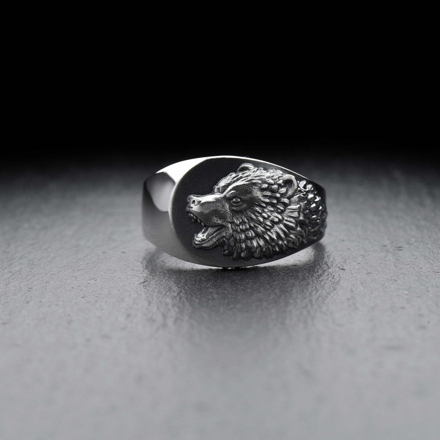Signet ring	men's jewelry	silver signet ring	animal silver ring	signet silver ring	men ring	men jewelry	jewelry for men	Bear silver ring	bear art	grizzly bear ring	bear jewelry	Angry bear jewelry (etsy image id: 4122440217)