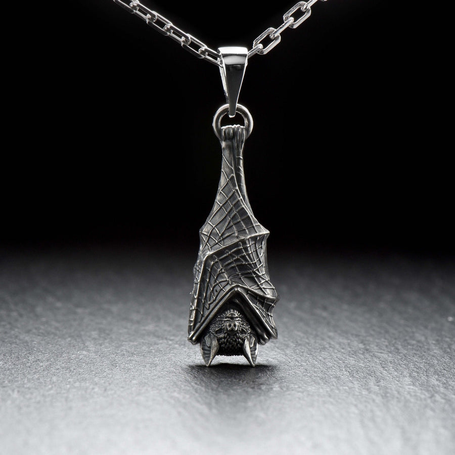 Sterling Silver Bat Pendant, Gothic Sleeping Bat Necklace, Handmade Animal Jewelry for Bat Lovers, Vampire Gift, Dark Fantasy Jewelry (etsy image id: 4122476032)