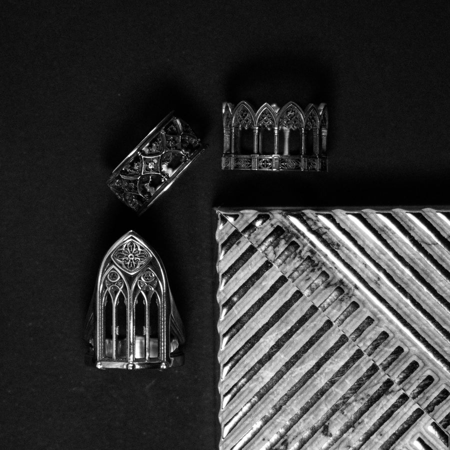 Sterling Silver Gothic Ring, Vintage Ring, Engagement Ring, Handmade Medieval Jewelry, Mens Ring, Unique Womens Gift, Gift Idea, Unique Ring, This angle demonstrates the "openwork" illusion of the design. While the ring is a solid band, the deep relief casting creates the appearance of a hollow gallery or walkway. The repetition of the arches is mathematically precise, mirroring the rhythm of a Gothic nave. It showcases a mastery of arc (etsy image id: 7305776203)