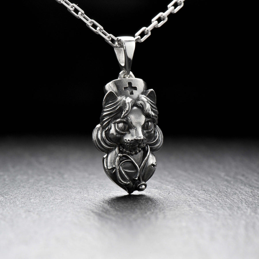 silver pendant	animal jewelry	cat silver	cat pendant	cat necklace	silver necklace	silver cat	nurse cat	nurse gift	doctor gift	doctor cat	nurse pendant	cat nurse (etsy image id: 4359729707)