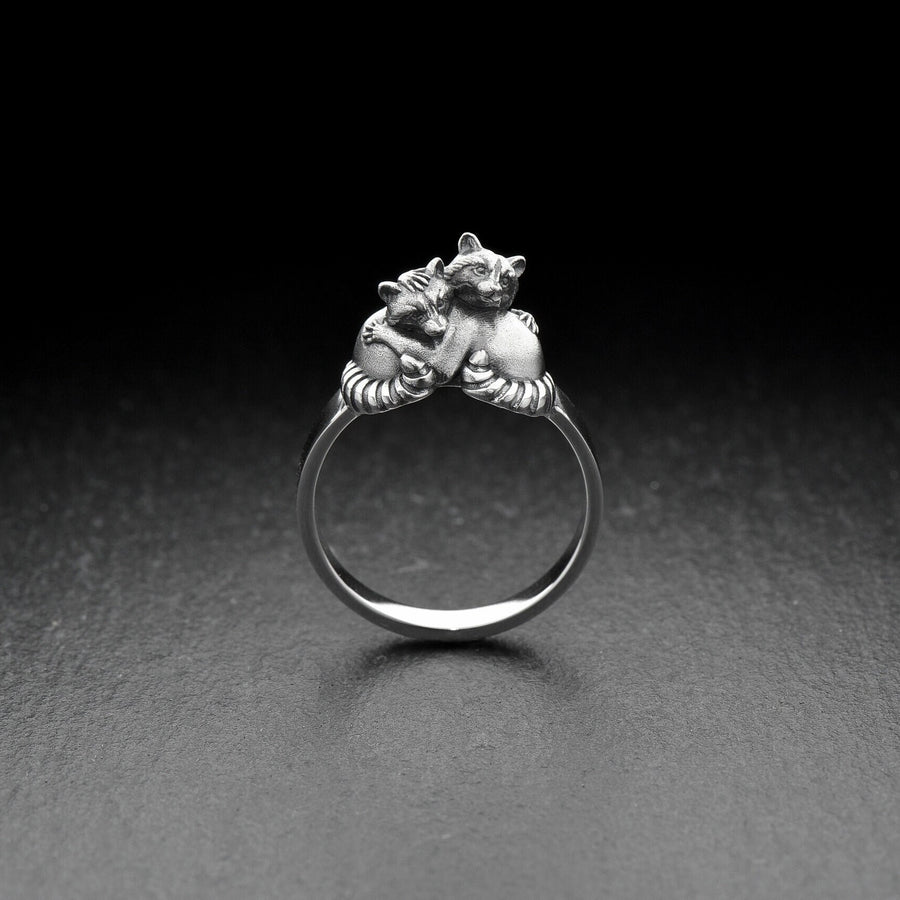 Handmade Sterling Silver Raccoons Ring, Cute Animal Couple Jewelry, Twin Raccoon Wrap Ring, Unique Gift for Wildlife and Nature Lovers (etsy image id: 4909597529)