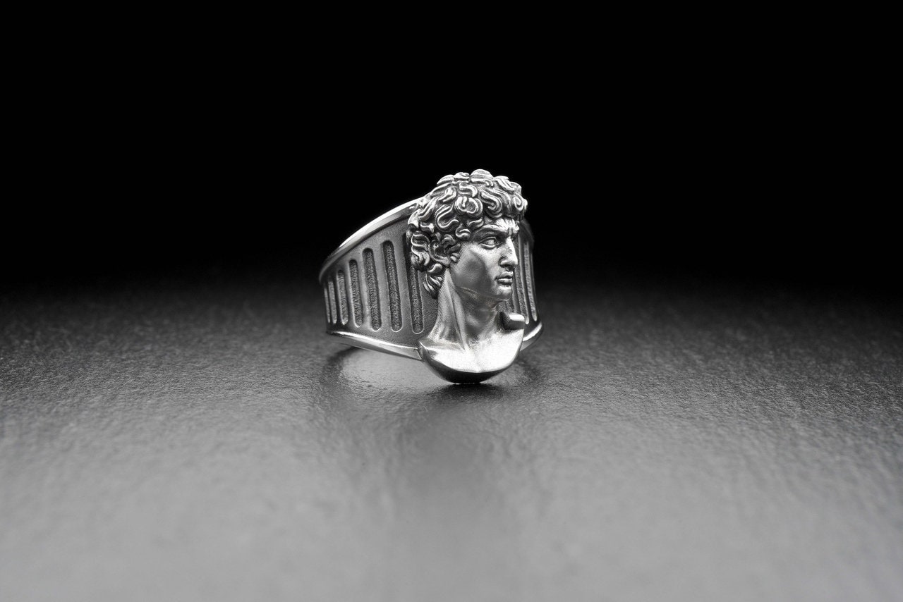 Made from high-quality sterling silver, this ring showcases a beautifully sculpted rendition of the Head of David, capturing the essence of Michelangelo's renowned masterpiece. (etsy image id: 4919259022)