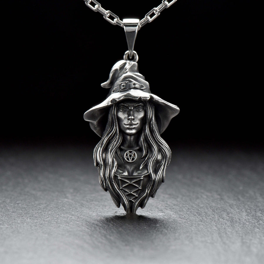 Sterling Silver Witch Pendant Necklace: Gothic Wiccan Jewelry