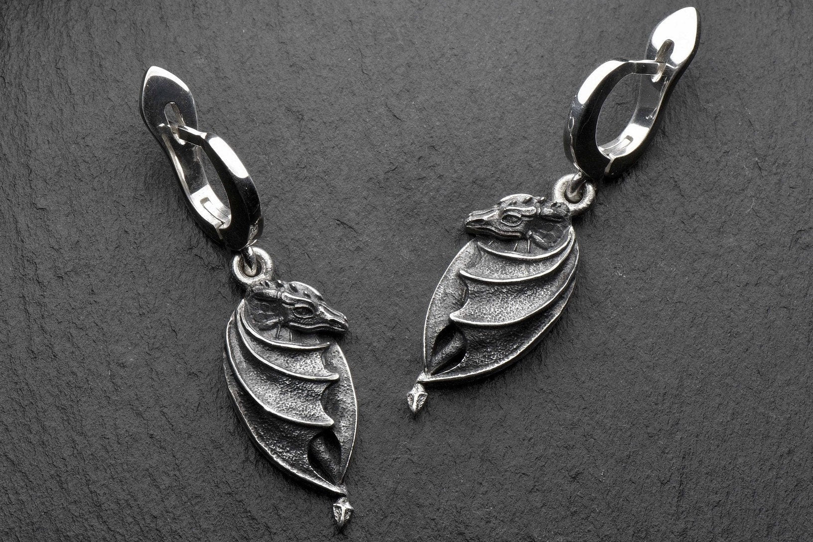 Oxidized Sterling Silver Dragon Earrings: Handmade Fantasy Jewelry (etsy image id: 5228452159)