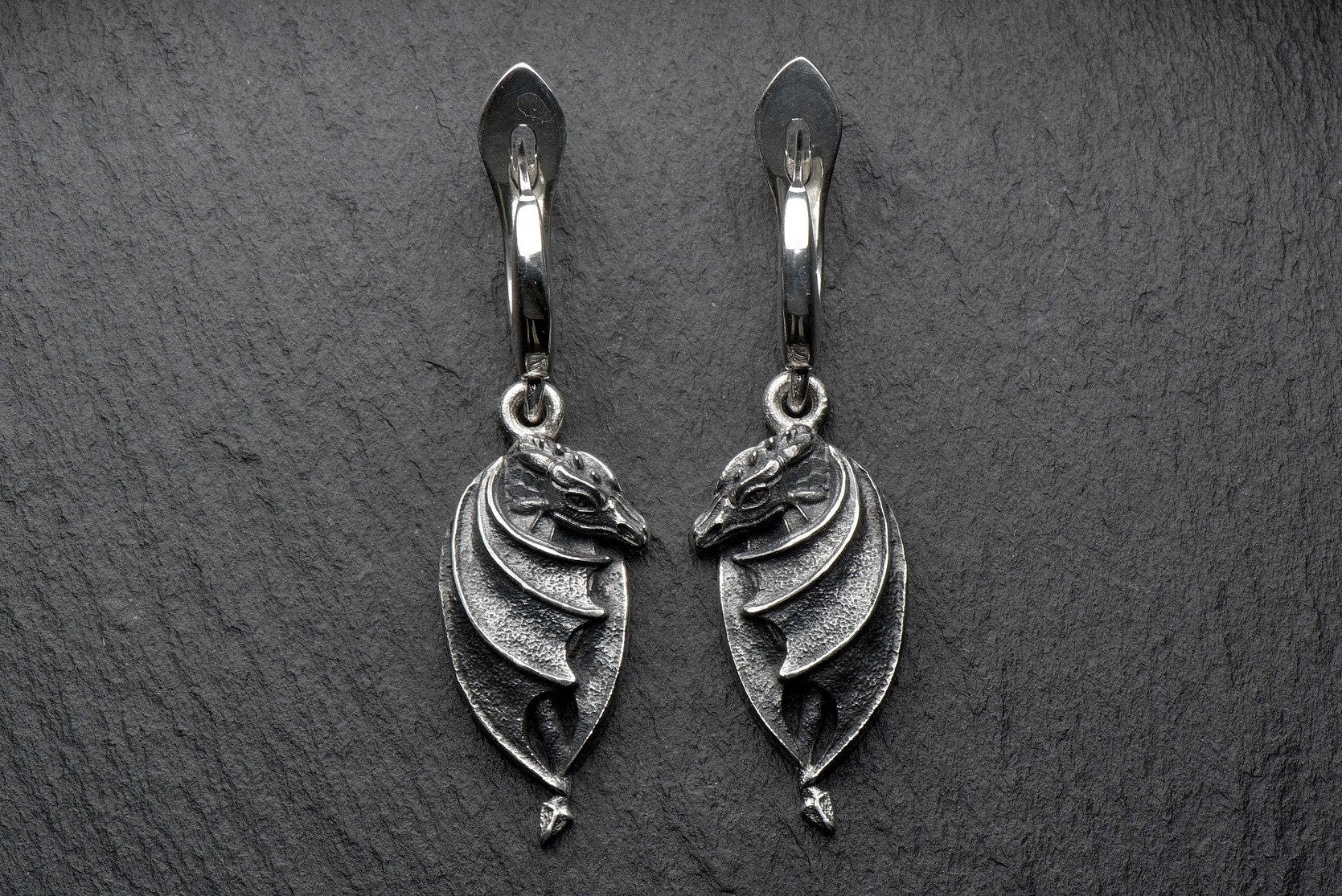 Oxidized Sterling Silver Dragon Earrings: Handmade Fantasy Jewelry (etsy image id: 5228452167)