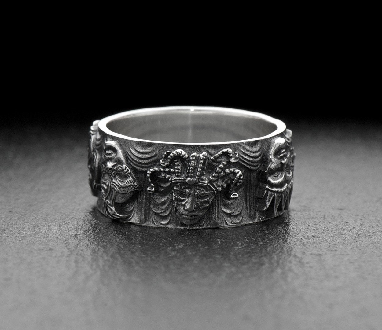 Sterling Silver Mask Ring: Handmade Harlequin Jewelry, Theater Gift (etsy image id: 5535812910)