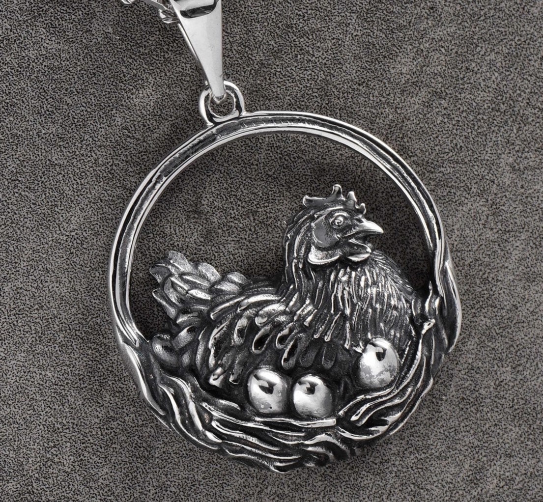 Sterling Silver Chicken Pendant Necklace: Hen and Eggs, Farm Animal Jewelry (etsy image id: 5545049276)