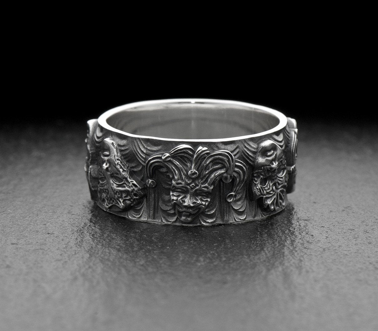 Sterling Silver Mask Ring: Handmade Harlequin Jewelry, Theater Gift (etsy image id: 5583936897)