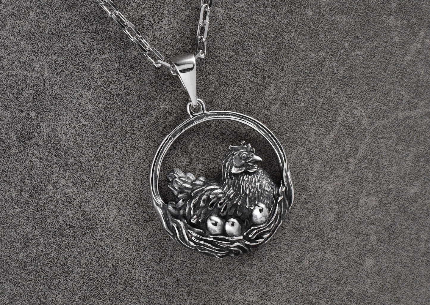 Sterling Silver Chicken Pendant Necklace: Hen and Eggs, Farm Animal Jewelry (etsy image id: 5593164659)