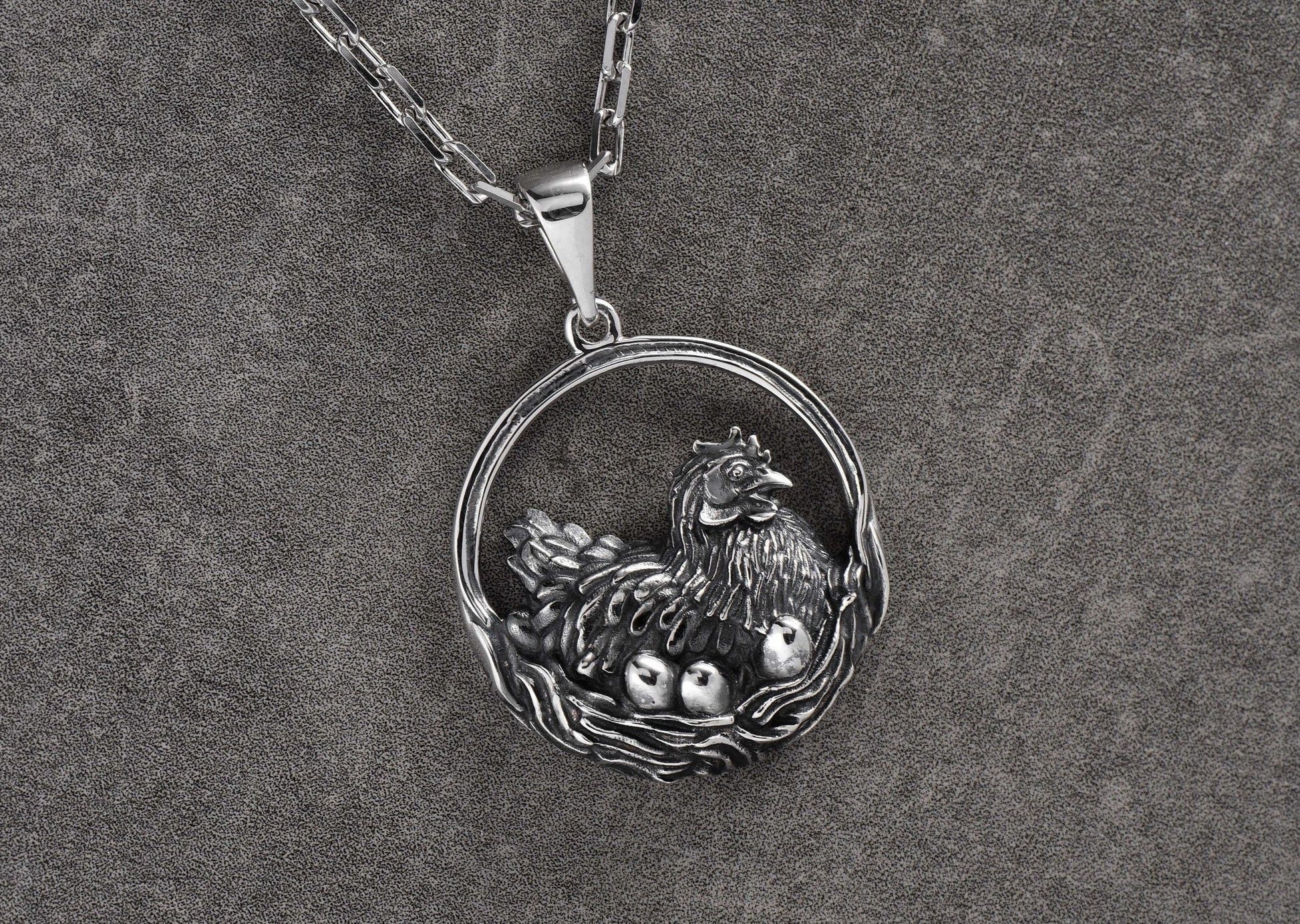 Sterling Silver Chicken Pendant Necklace: Hen and Eggs, Farm Animal Jewelry (etsy image id: 5593164659)