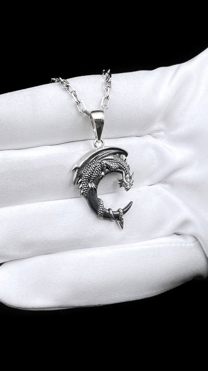 Sterling Silver Moon Dragon Pendant: Fantasy Necklace (etsy image id: 5654431924)