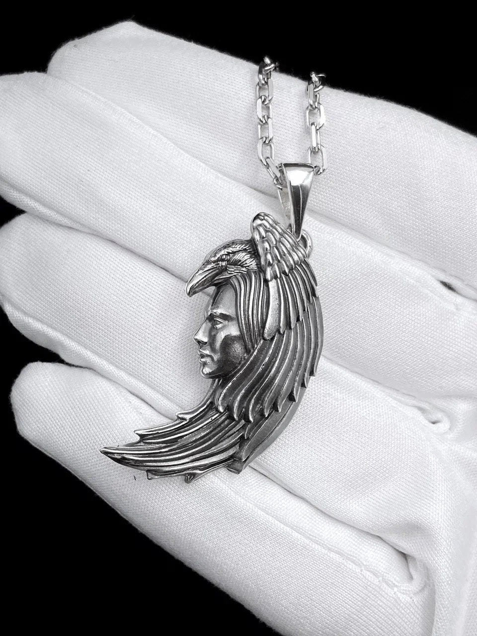 Sterling Silver Raven Woman Pendant: Handmade Mystic Necklace (etsy image id: 5702428267)