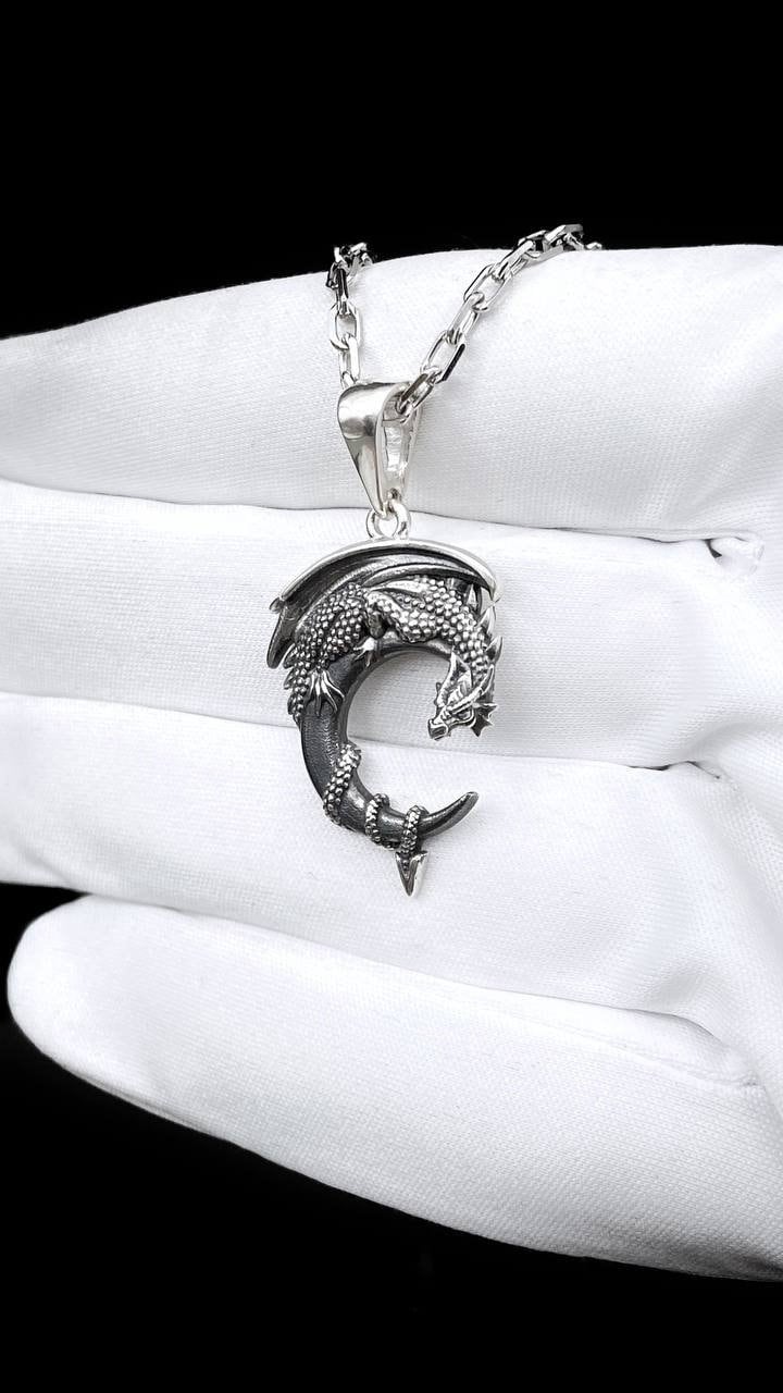 Sterling Silver Moon Dragon Pendant: Fantasy Necklace (etsy image id: 5702491967)