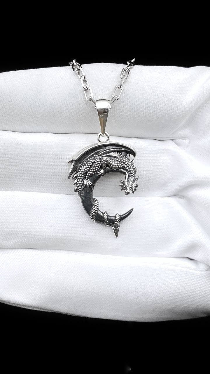 Sterling Silver Moon Dragon Pendant: Fantasy Necklace (etsy image id: 5702492303)
