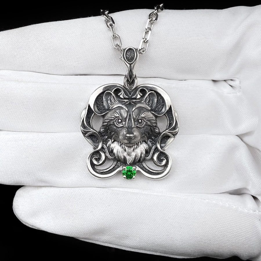 Sterling Silver Raccoon Pendant 925, Handmade Filigree Nature Animal Necklace Charm with Green Gem Accent, Chic Vintage Gift for Her or Him (etsy image id: 5795454733)