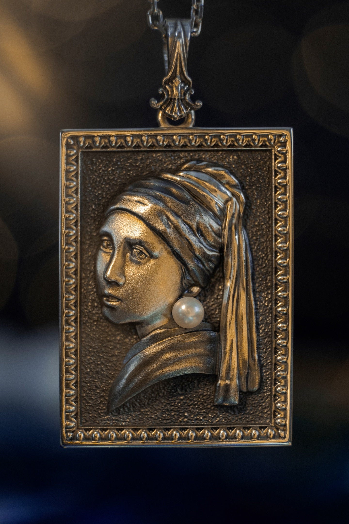 Sterling Silver "Girl with a Pearl Earring" Pendant - Gothic Art Necklace (etsy image id: 5856530603)