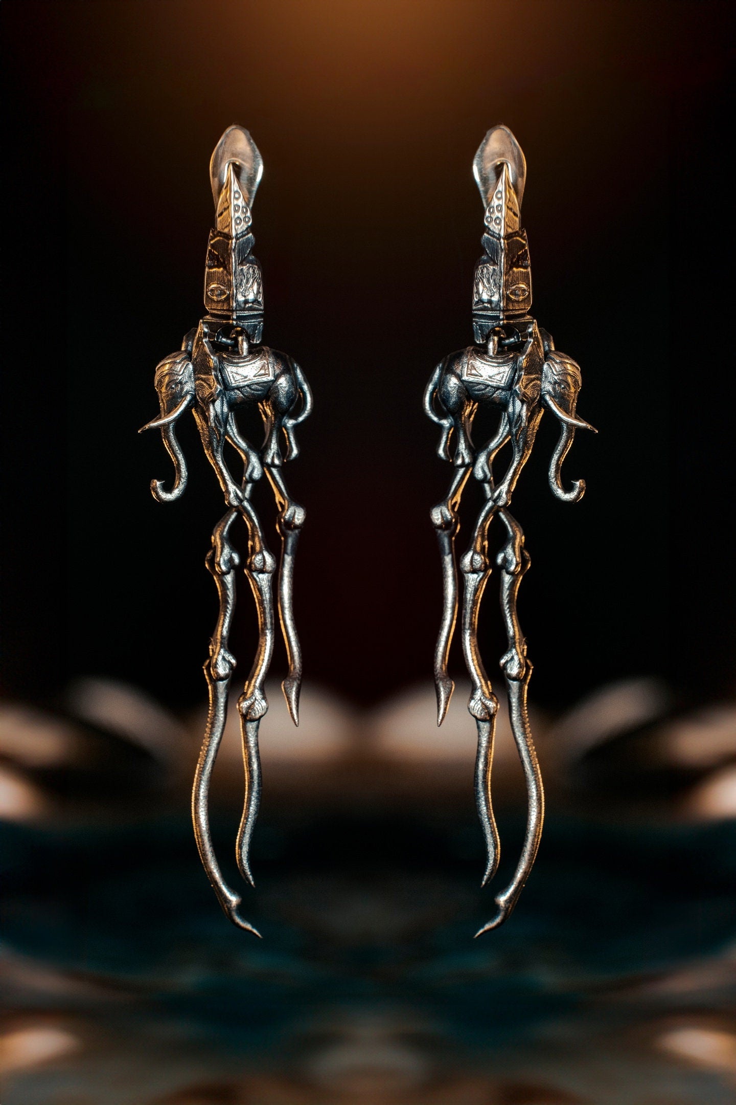 Sterling Silver Dali's Elephants Earrings: Gothic Art Jewelry