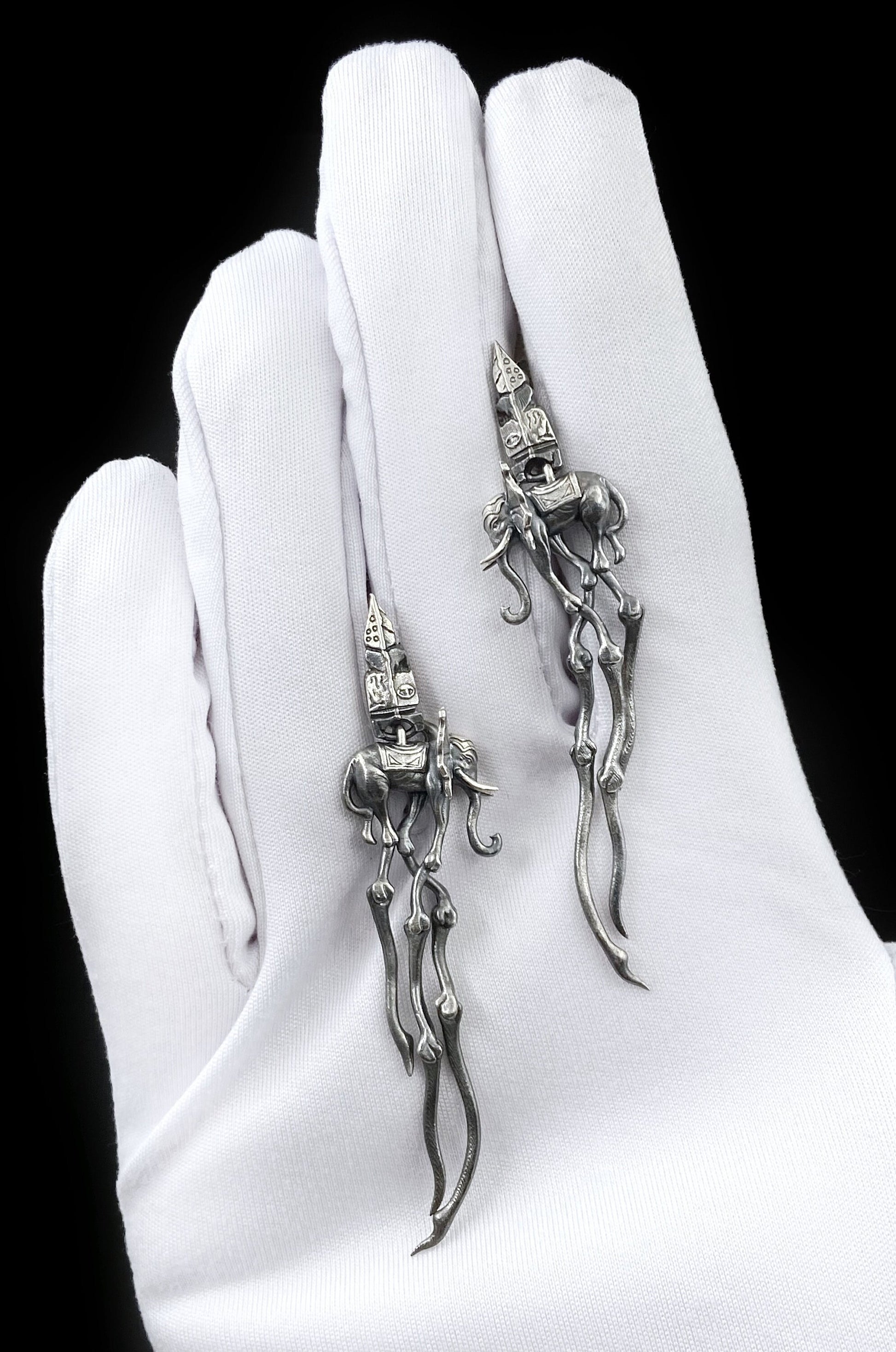 Sterling Silver Dali's Elephants Earrings: Gothic Art Jewelry