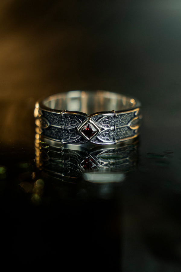 Gothic Sterling Silver Wedding Ring Set: Black Texture, Gemstone Accent __etsy:7424901857