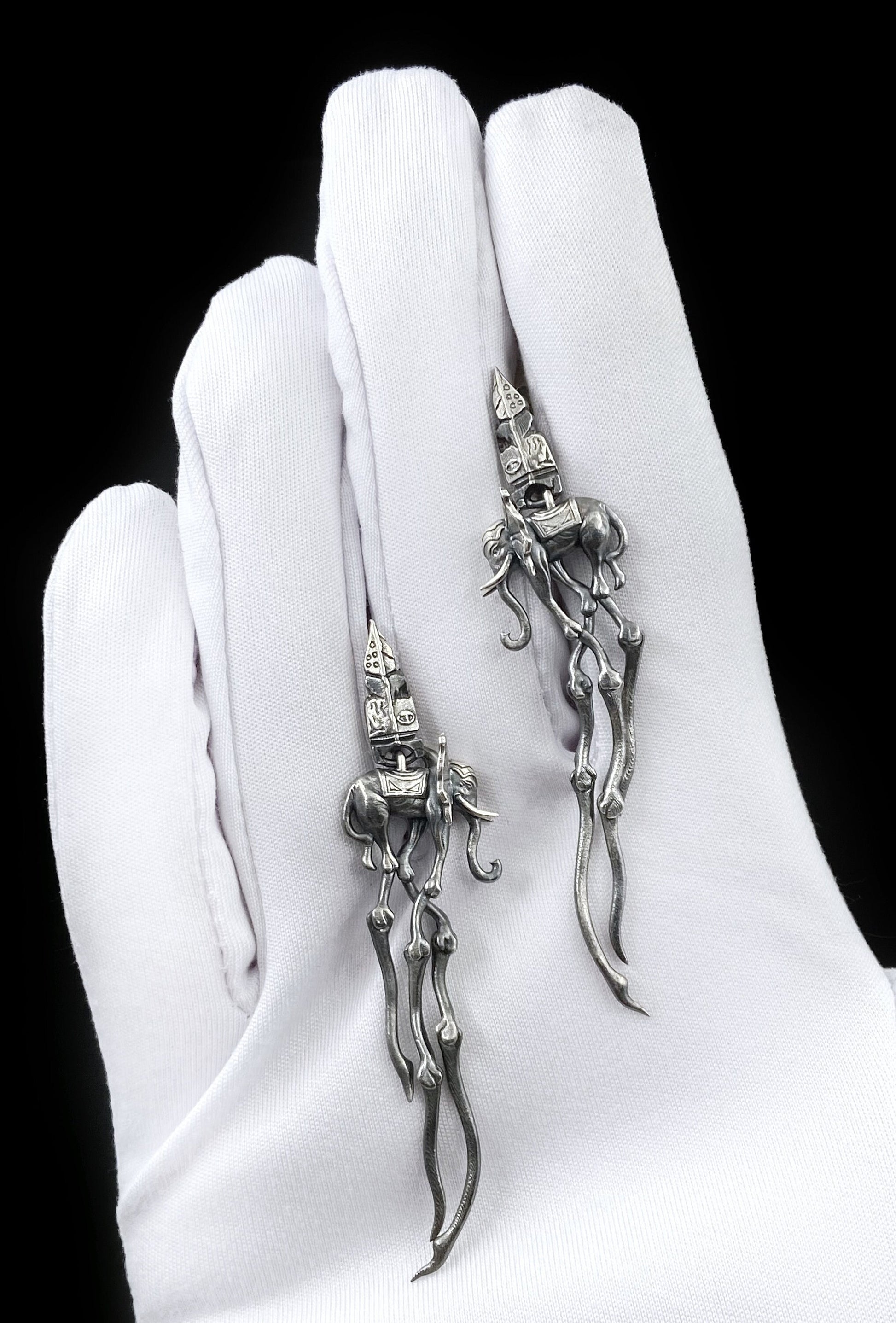 Sterling Silver Dali's Elephants Earrings: Gothic Art Jewelry