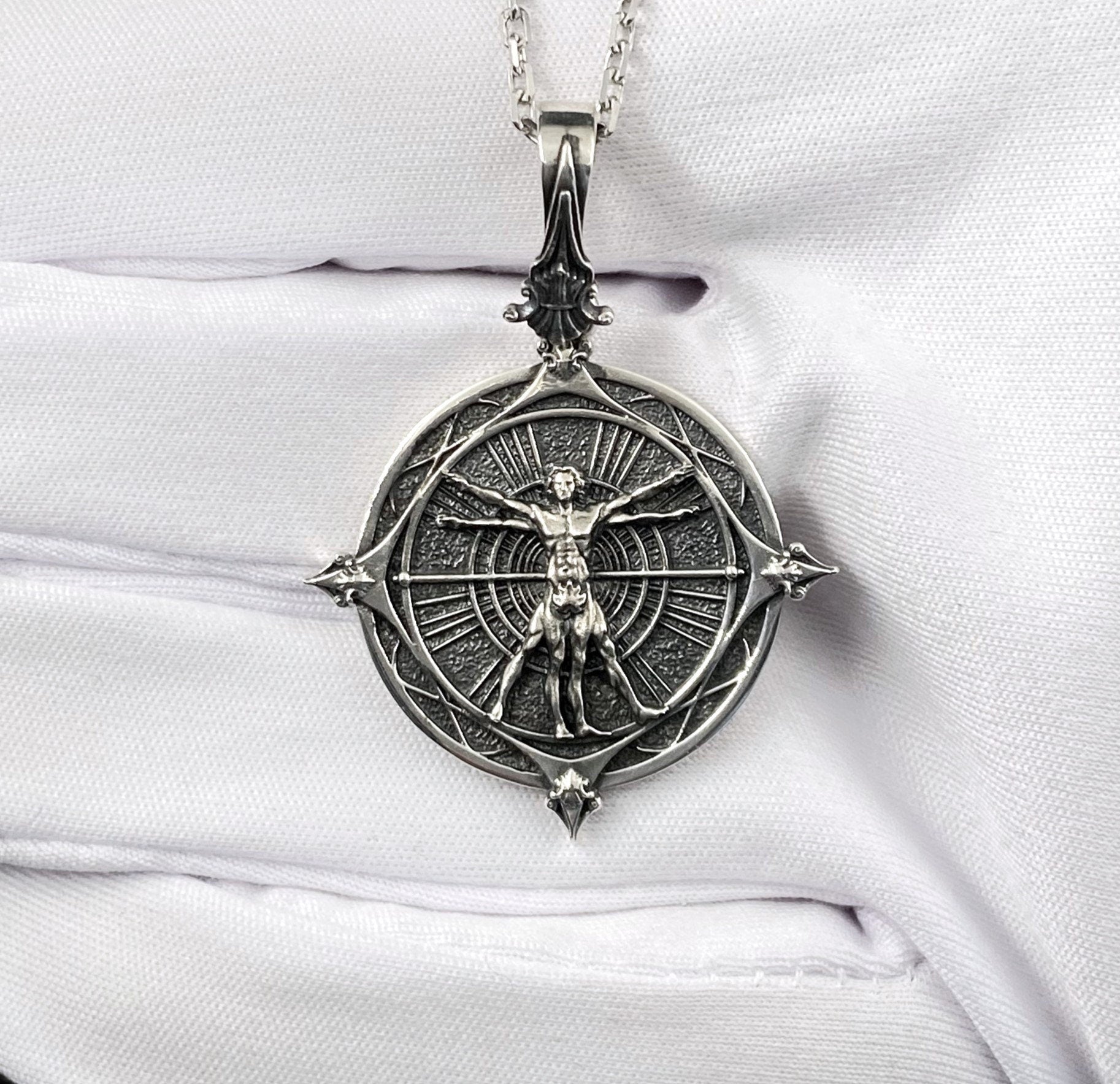 Sterling Silver Vitruvian Man Pendant: Renaissance Art Necklace (etsy image id: 6055827887)