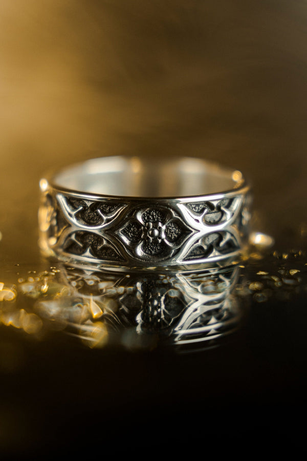 Gothic Sterling Silver Wedding Ring Set: Floral Gemstone Rosettes