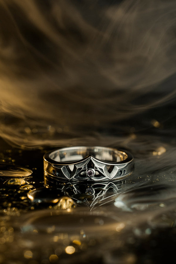 Gothic Sterling Silver Wedding Ring Set: Black Texture, Gemstone Accent __etsy:7424901857