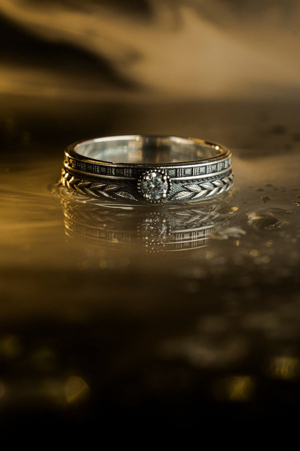 Sterling Silver Laurel Wreath Wedding Ring Set - Ancient Greek Temple Design