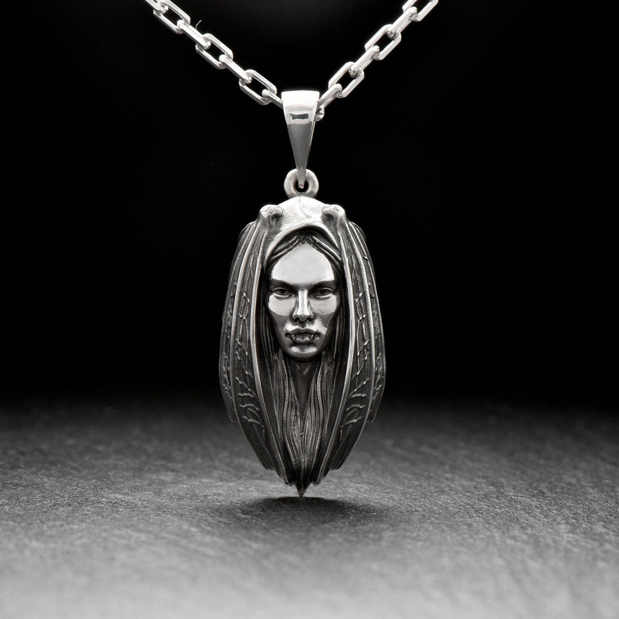 Sterling Silver Lady Vampire Pendant: Handmade Gothic Bat Necklace (etsy image id: 6087259465)