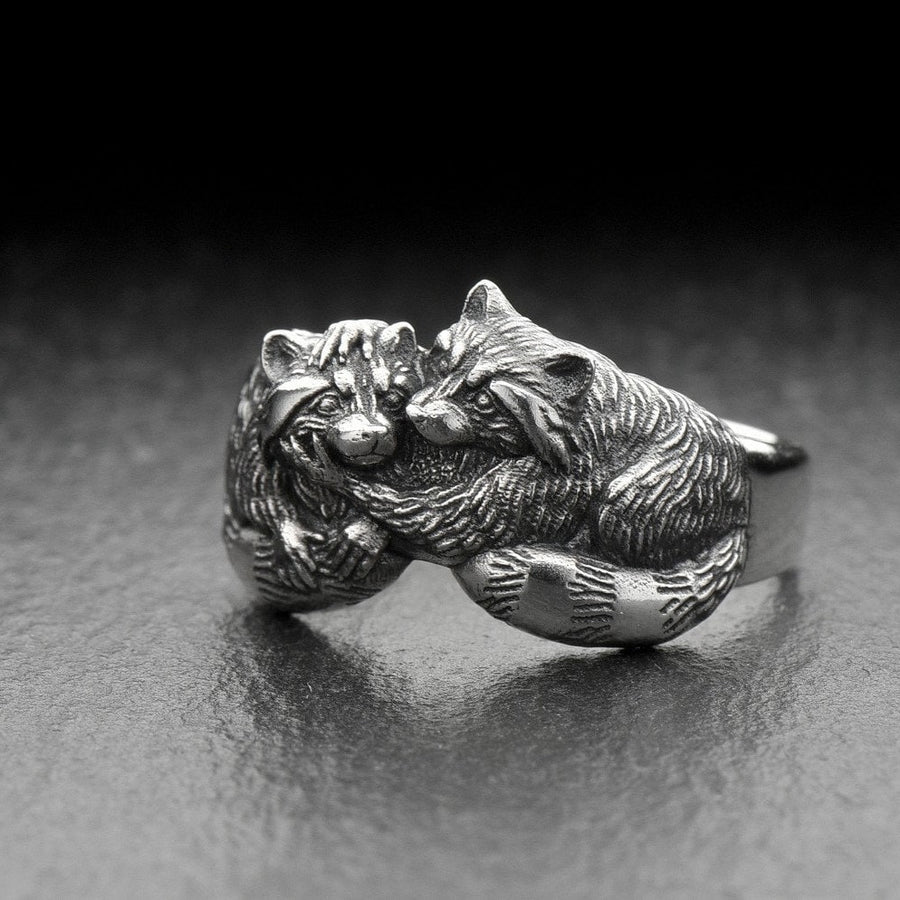 925 Sterling Silver Cuddling Raccoons Ring, Animal Couple Statement Band, Woodland Nature Jewelry Gift, Anniversary Gift, Unisex (etsy image id: 6092284339)