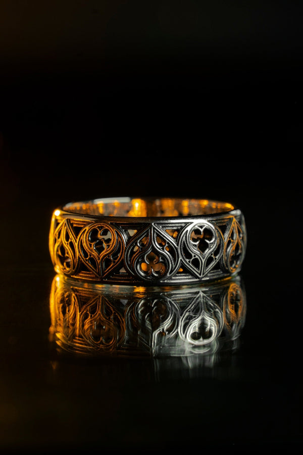 Gothic Flame Wedding Ring Set: Sterling Silver Black Gemstone Crown