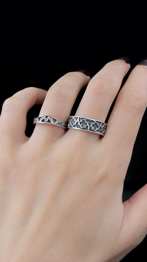 Gothic Sterling Silver Wedding Ring Set: Black Texture, Gemstone Accent __etsy:7424901857