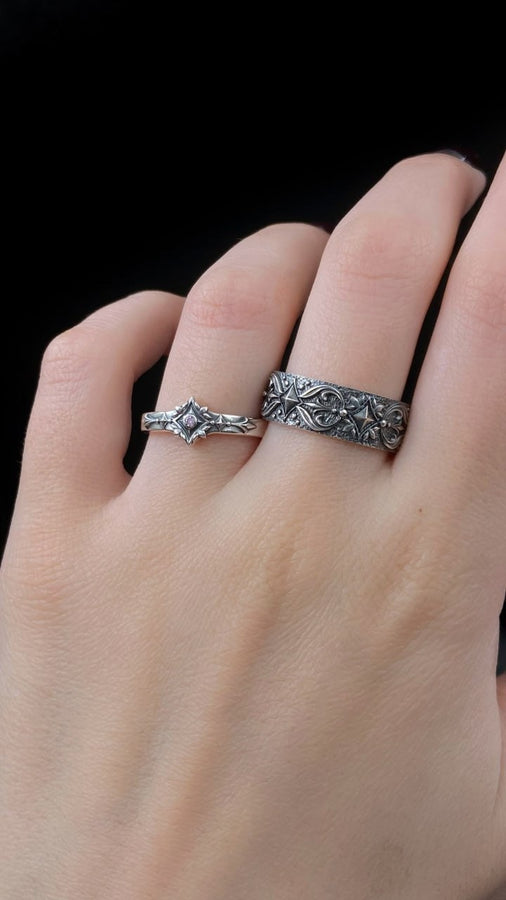 Gothic Sterling Silver Wedding Ring Set: Black Texture, Gemstone Accent __etsy:7424901857