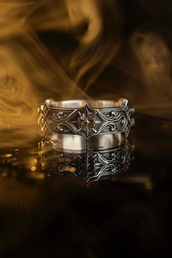 Gothic Sterling Silver Wedding Ring Set: Black Texture, Gemstone Accent __etsy:7424901857