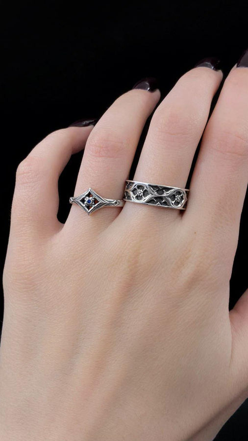 Sterling Silver Gothic Ring, Medieval Wedding Band, Handmade Fantasy Jewelry, Unique Gift for Him, Dark Silver Ring, Goth Accessories (etsy image id: 7375336676)
