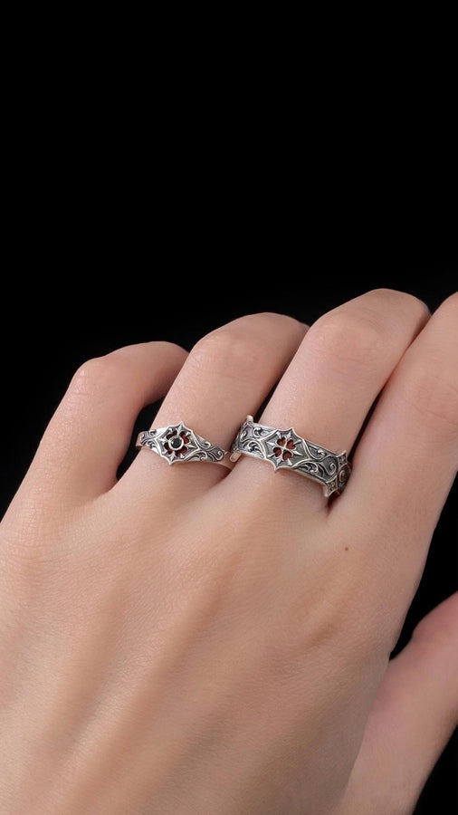 Gothic Sterling Silver Wedding Ring Set: Black Texture, Gemstone Accent __etsy:7424901857