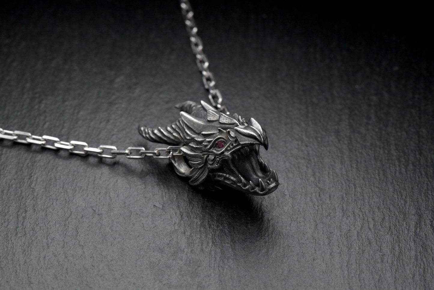 Sterling Silver Dragon Head Pendant with Ruby Eye, Dragon Necklace for Men, Fantasy Necklace for Men, Viking Style Handmade Jewelry (etsy image id: 6828974453)