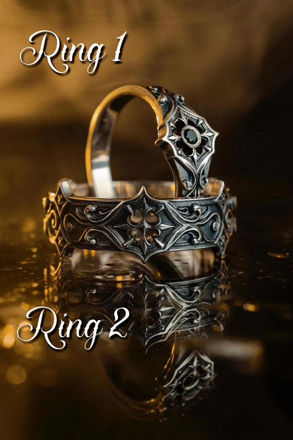 Gothic Sterling Silver Wedding Ring Set: Black Texture, Gemstone Accent __etsy:7424901857
