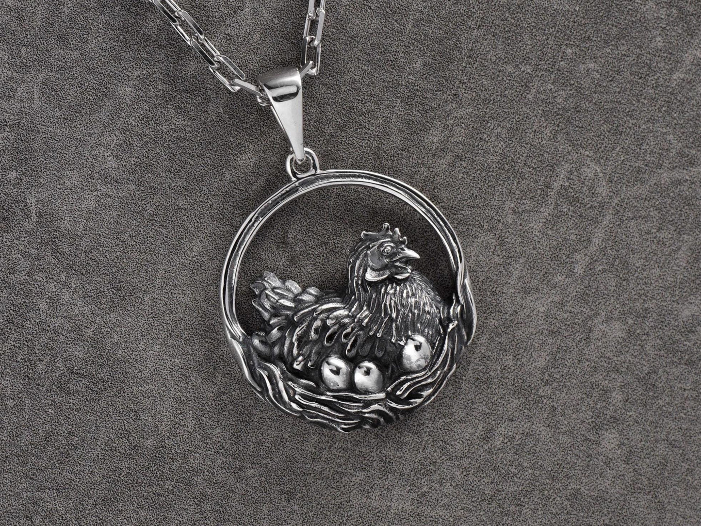 Sterling Silver Chicken Pendant Necklace: Hen and Eggs, Farm Animal Jewelry (etsy image id: 7000289398)