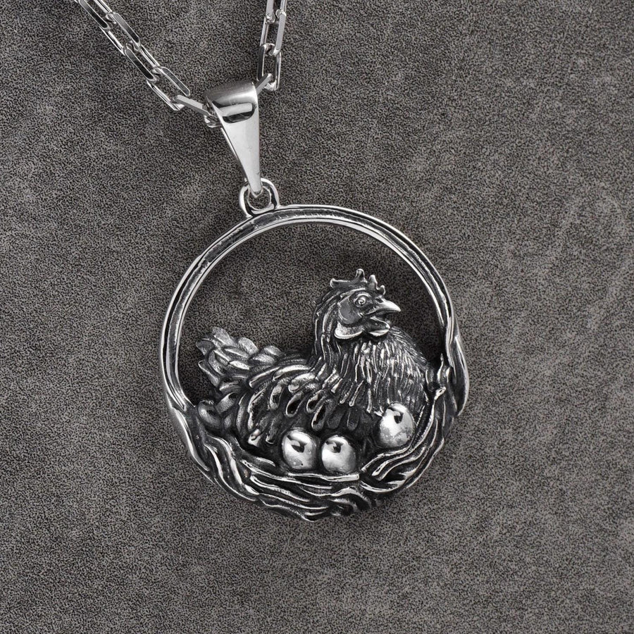 Sterling Silver Chicken Pendant Necklace: Hen and Eggs, Farm Animal Jewelry (etsy image id: 7000289398)