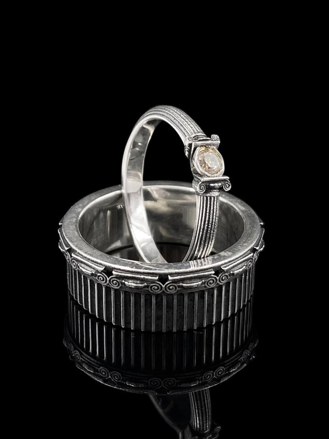 Sterling Silver Ancient Greek Wedding Ring Set: Ionic Column Design