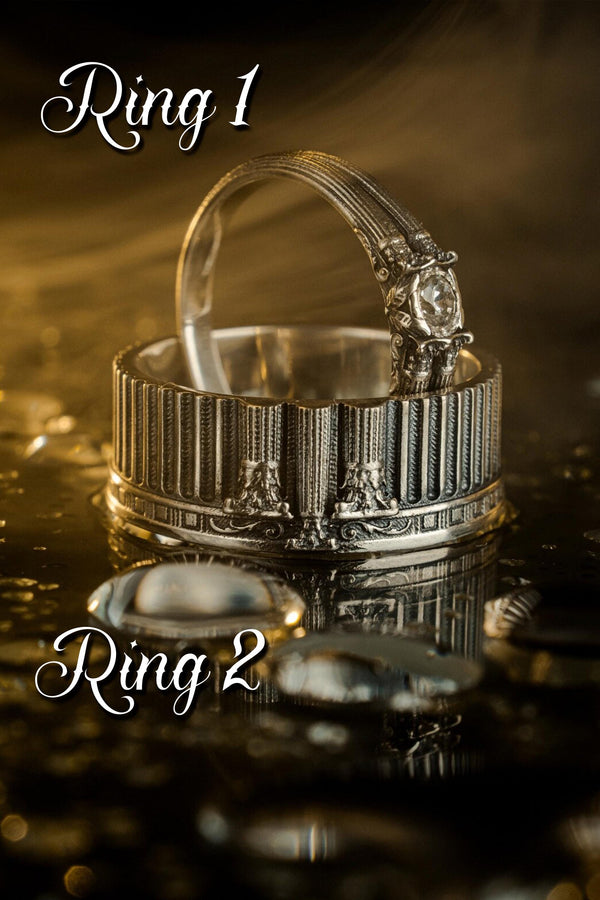 This sterling silver ring set features bold architectural column details with finely carved fluting and ornate capital motifs. The design draws inspiration from ancient Greek and Roman structures, offering a sculptural aesthetic that feels elegant and timeless. Ideal for wedding sets or collectors of detailed art jewelry, the polished silver contrasts beautifully with the deep engraved textures.