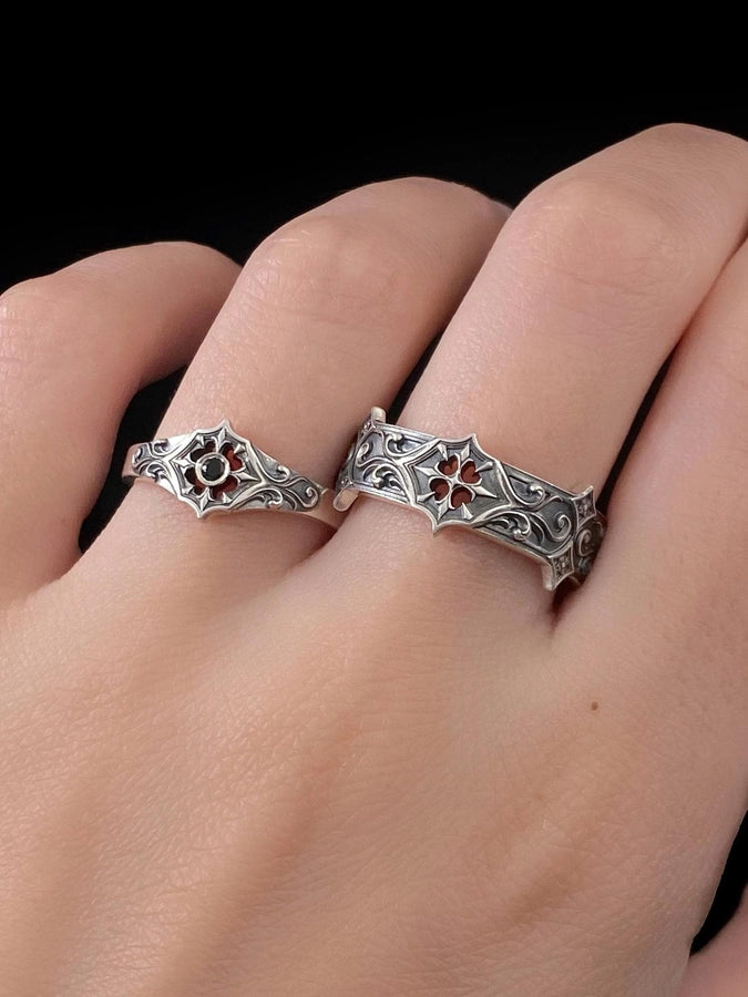 Gothic Sterling Silver Wedding Ring Set: Black Texture, Gemstone Accent __etsy:7424901857