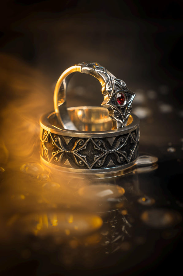 Gothic Sterling Silver Wedding Ring Set: Black Texture, Gemstone Accent __etsy:7424901857