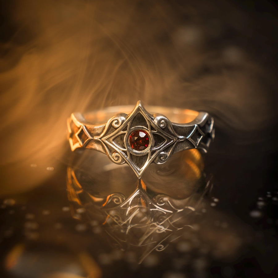 Sterling Silver Gothic Ring, Handcrafted Gemstone Band with Medieval Elegance, Unique Wedding Ring or Gift, Gothic Heritage Elegant Gift, The image highlights the contrast between the gemstone and the metal. The red stone has a deep, bloody saturation that catches the light. The 925 sterling silver has a vintage, oxidized finish, giving it the appearance of an ancient artifact rather than a brand-new factory piece. The metalwork looks delicate bu (etsy image id: 7102074108)